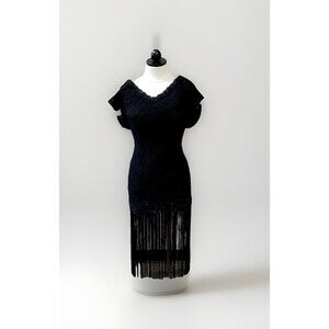 Midnight Glo Black Embellished Cocktail Dress Sz 4 Fringe Drop Waist‎ 1970s 70s